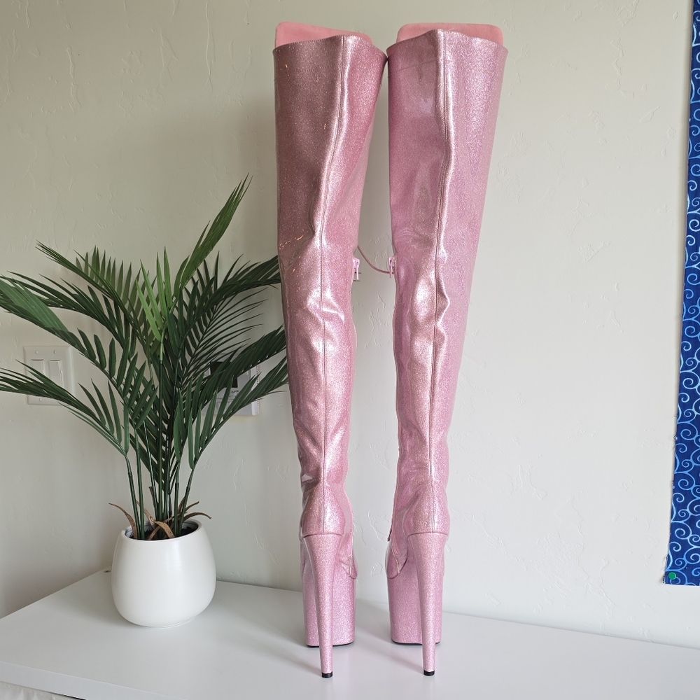 Hella Heels NWOB 8" Glitterati Sugarbaby Pink Thigh High Boots Front Lace Pole - Picture 8 of 13